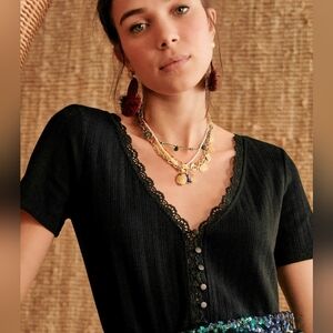 Sezane Black Lace Trim Button-Up Top Size Small